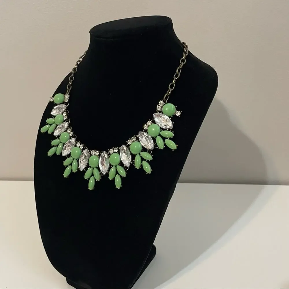 Women’s Chunky Statement Bib Necklace Light Green Crystal Antique Gold Tone